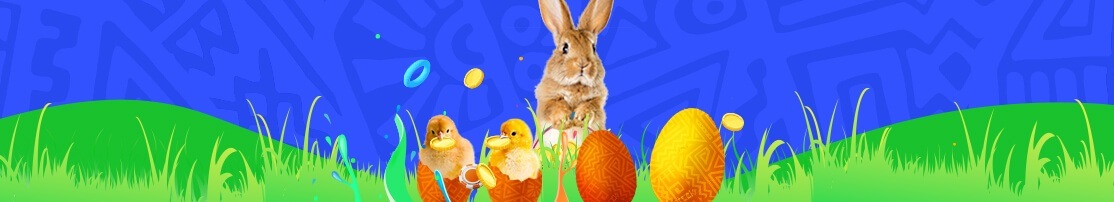 Easter Eggs and casino chips in green meadow